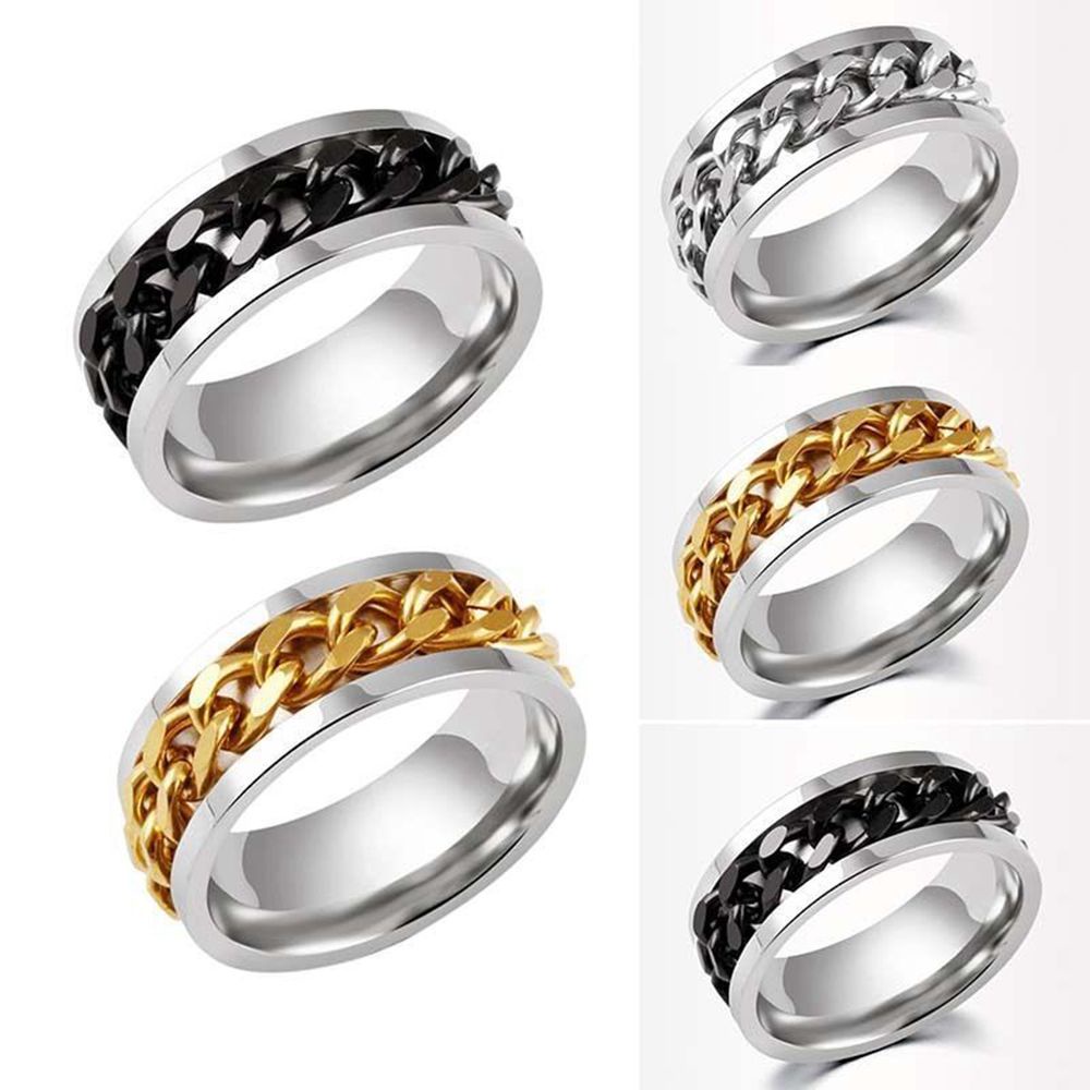 Cincin Model Rantai Spinner Rotatable Bahan Stainless Steel Warna Silver / Hitam / Gold Untuk Pria