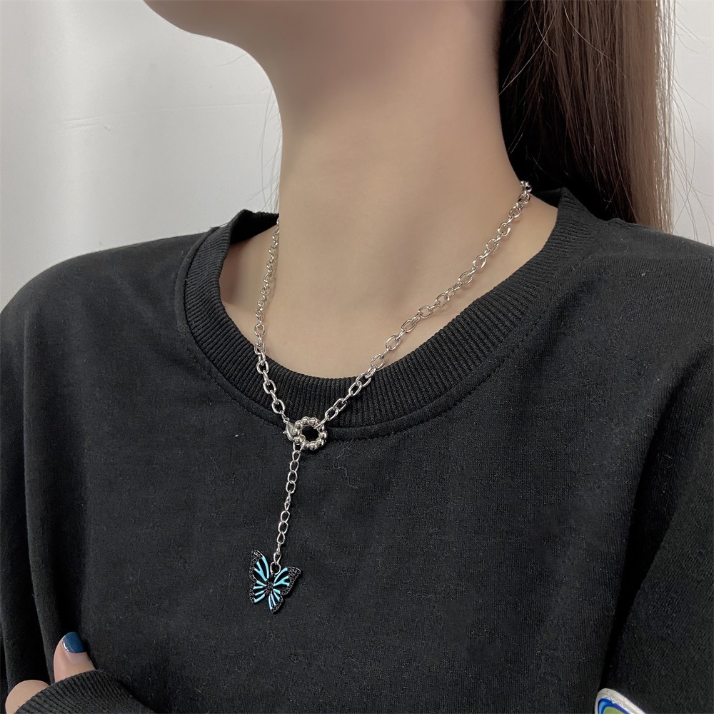 Kalung Panjang Desain Kupu-Kupu Biru Gaya Hip Hop Vintage Untuk Wanita