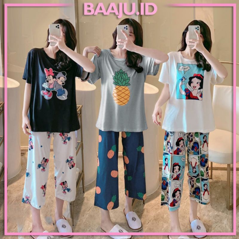 Piyama Import Motif Kartun Baju  Tidur Wanita  Lengan Pendek  