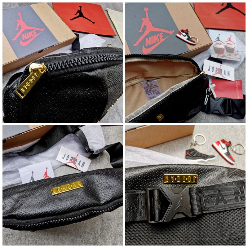 Waist Bag Pria Banyak Bonus Jordan Regal Leather Black Gold With Box &amp; Paperbag