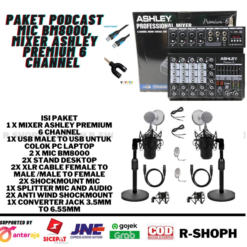 Paket Podcast 2 Orang Up to 4 Orang Mic BM8000, Mixer Ashley Premium 6