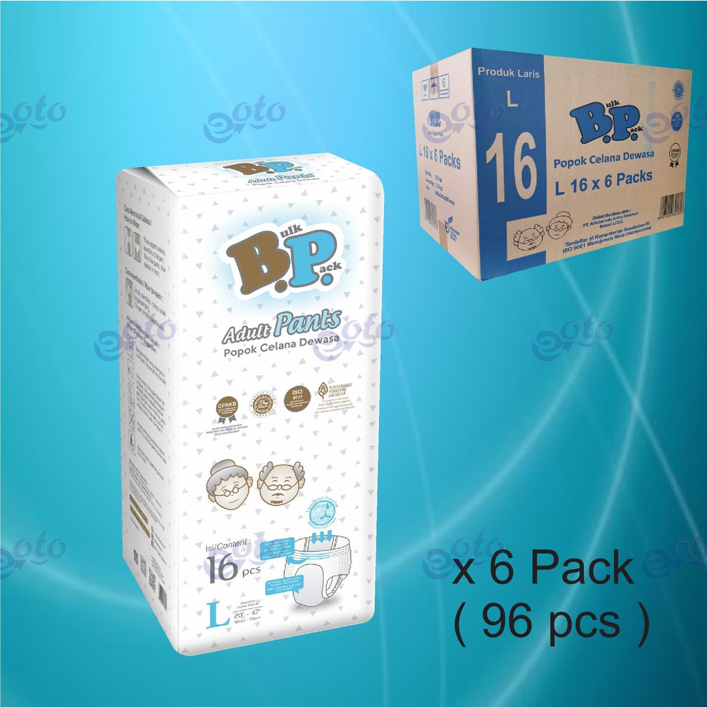 BP Popok Dewasa PANTS Adult Diapers model Celana uk L isi 16 pcs x 6 ( 96 pcs )