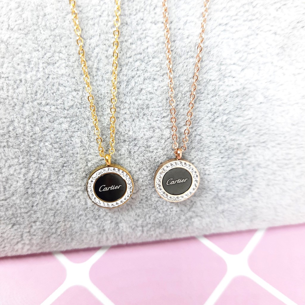 Kalung Titanium Liontin Bulat Hitam Korean Style Rose Gold - BN434