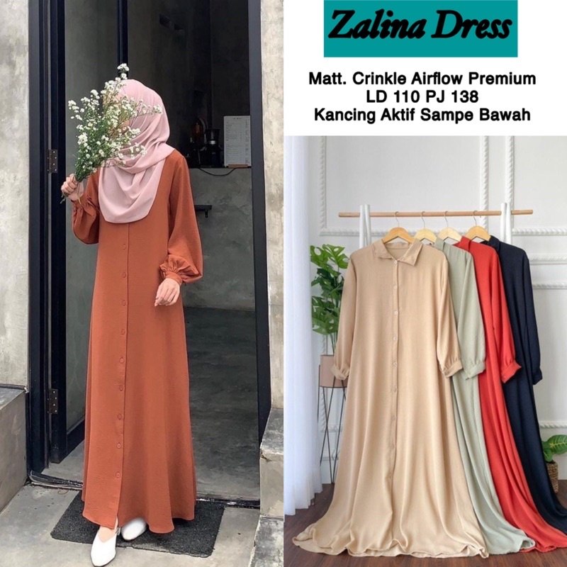 Zalina Gamis Crinkle Airflow Premium Model Terbaru Full Kancing LD 110