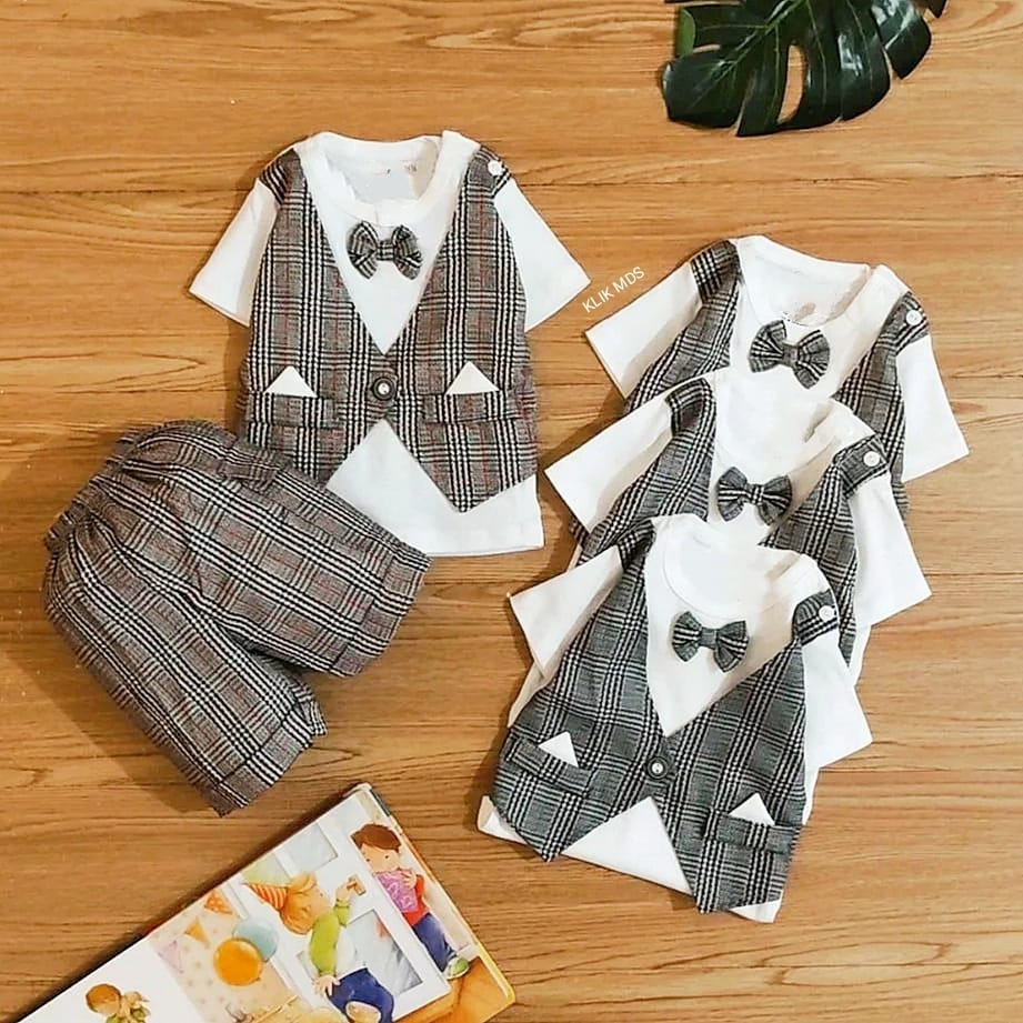 Klik Mds Setelan Baju Anak Bayi Laki-Laki Motif Garis Dasi Kupu-Kupu Allsize / Estimasi Usia 0-6 Bln