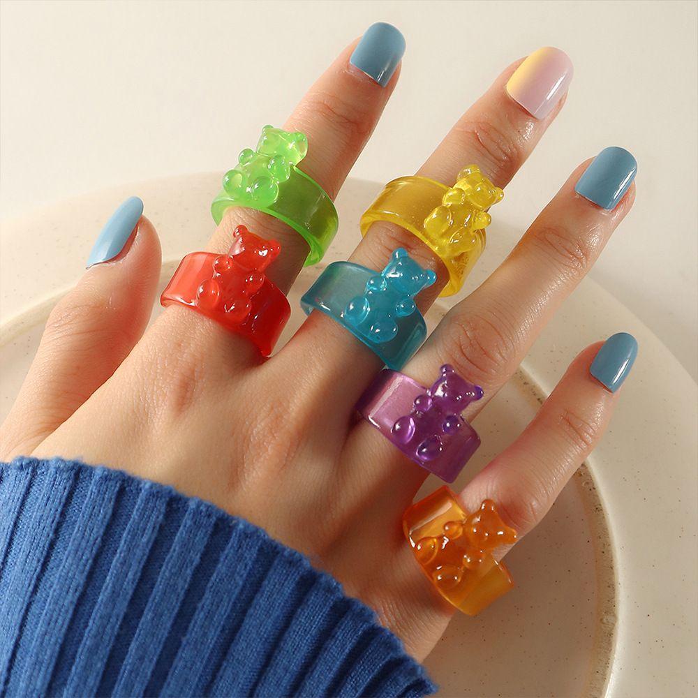 Mxbeauty Cincin Resin Lucu Geometris Warna Permen Beruang Bulat Gadis Gaya Korea Rings