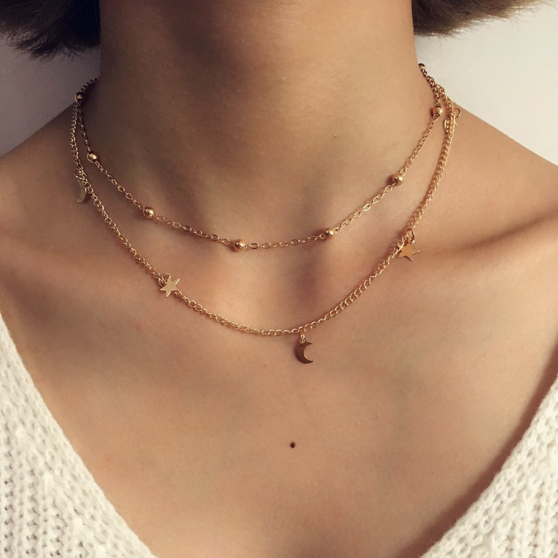 Kalung Rantai Multi Layer Liontin Bulan / Bintang / Bulan / Bintang Ala Boho Simple untuk Wanita