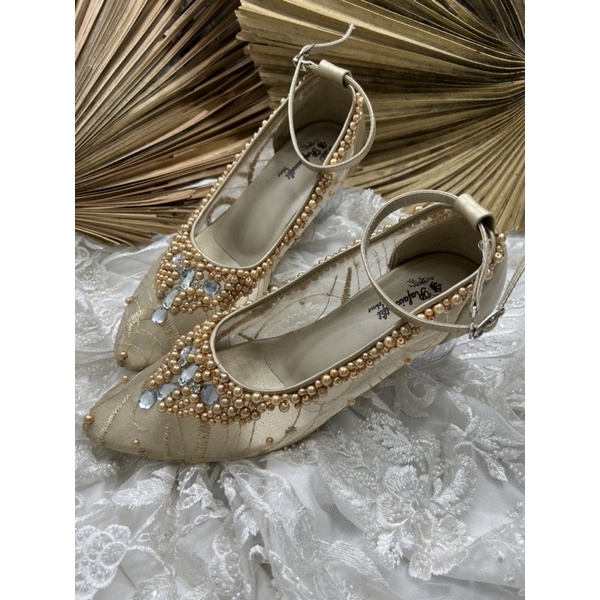 sepatu wedding wanita sayfira gold tali 5cm kaca