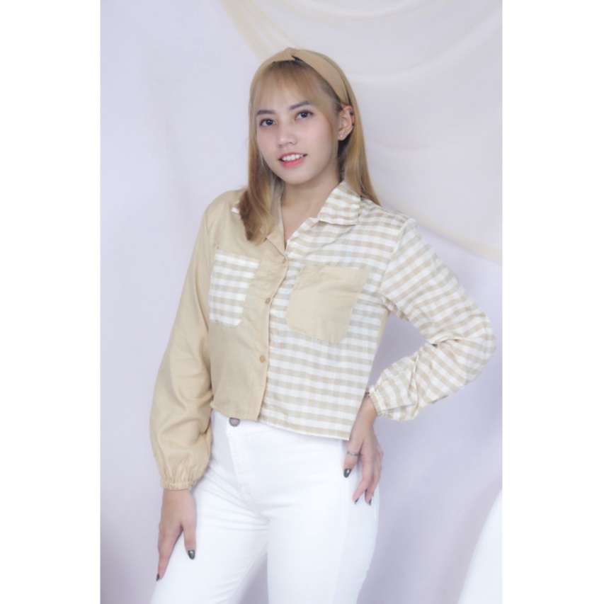 RX Fashion - Mika Crop Top Blouse // Shirt Top Tartan Two Tone // Kemeja Olive ( SPECIAL SALE - GRATIS ONGKIR )  - GA-COKSU- KT 1CM COKSU
