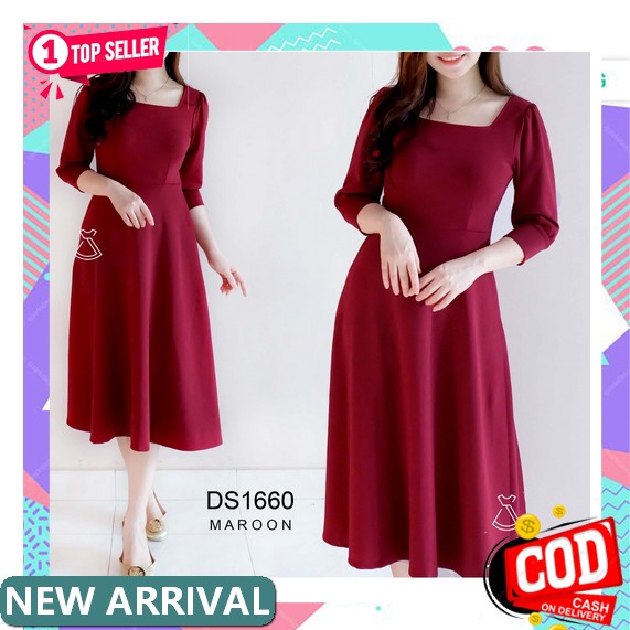 0 Ds1660 - Dress Midi Scuba Dress Pesta Wanita Flare