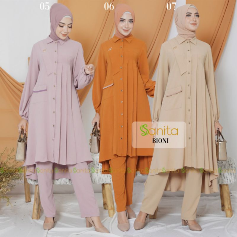 READY Stelan tunik celana wanita muslim modern Bioni Set Tunik Celana Original Sanita