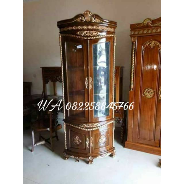 Bufet Pojok Hias Kayu Jati Ukiran Jepara, Rak Bifet Kaca Pojok Kayu Jati Natural Gold