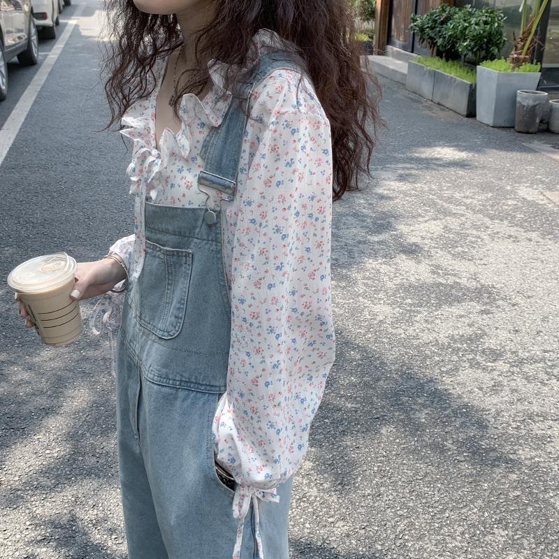 Overall denim merah bersih wanita musim gugur dan musim panas tipis versi Korea jumpsuit pel kaki le