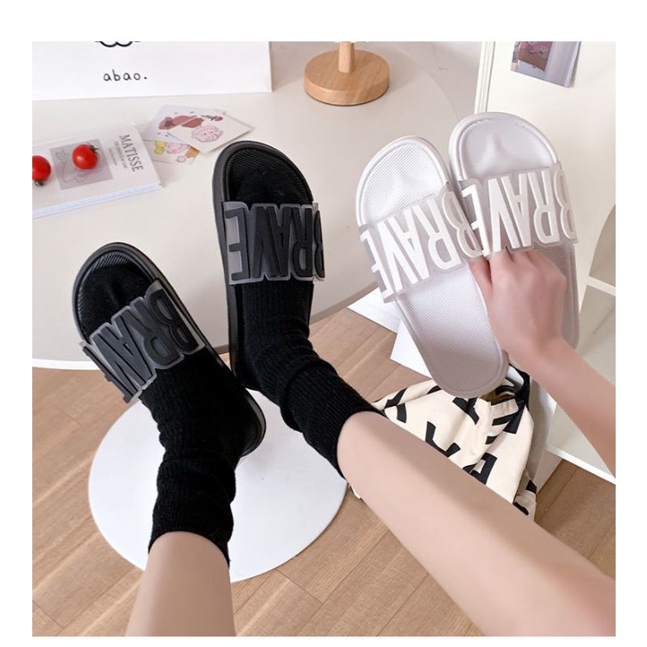 IDEALIFESHOES TOKO SANDAL WANITA IMPORT TERBARU MODEL SLIP ON BERTULISAN BRAVE  WARNA PINK DAN PUTIH BAHAN PVC KARET ANTI SLIP