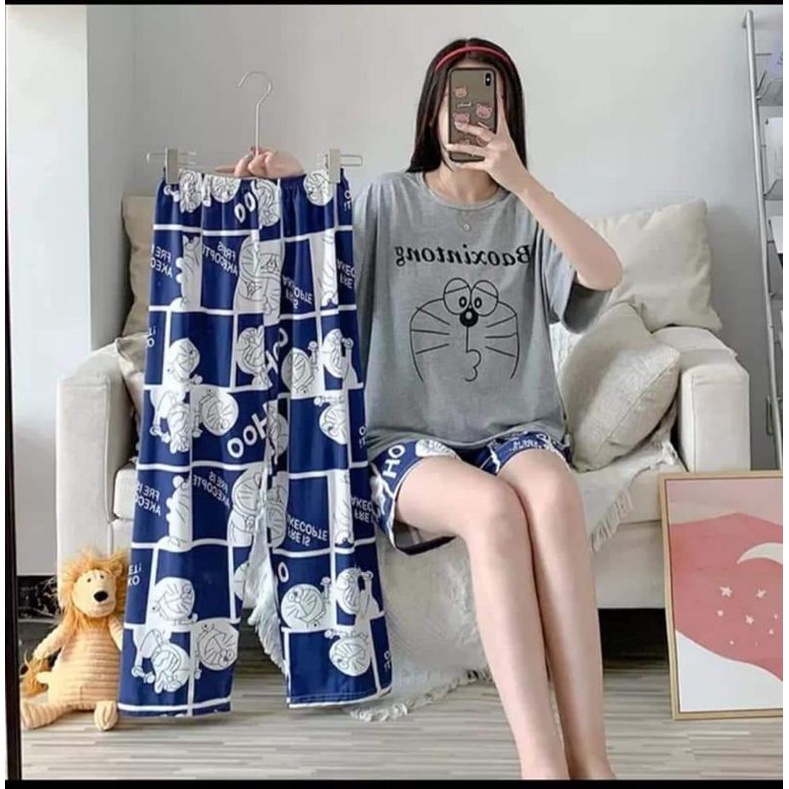 Piyama Impor Wanita 3 in 1 Doraemon Baju Tidur Korea Setelan cp Celana Panjang