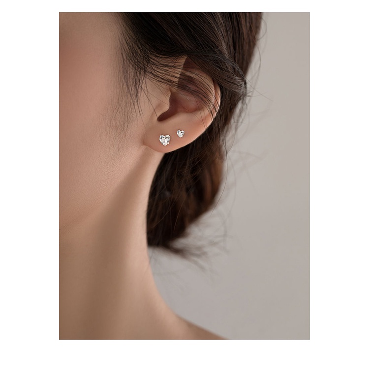 100% S999 Silver Earrings Berlian Hati Hypoallergenic kancing zirkon Anting Jarum Telinga Need Tongkat Dasar Sederhana Tindik Anting Helix  Harian Minimalis