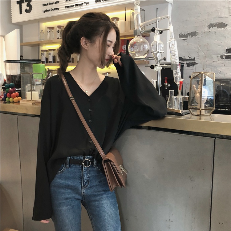 Fashion Korea Minimalis Warna Murni V-neck Chiffon Lengan Panjang Atasan Kemeja untuk Wanita