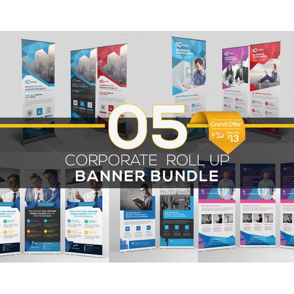 Roll Up Banner Bundle 5 In 1 - Photoshop &amp; Illustrator