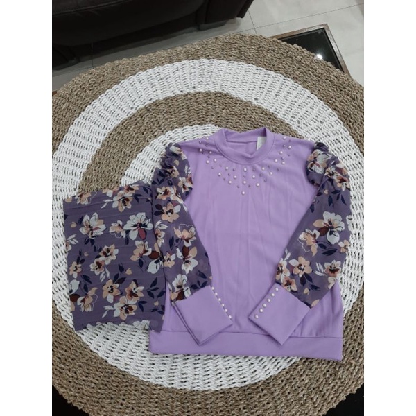 Baju Setelan Rok Plisket Kombinasi Bunga Sakura-Baju Setelan Wanita-Long Dress Baju Wanita Muslimah