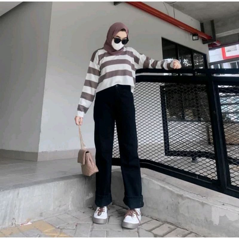 FUJI ATASAN RAJUT BLOUSE BB30-50KG CROPTOP BLASTER GARIS SALUR FUJI SWEATER BAJU BELANG BAJU KERAH KEMEJA WANITA KOREA STYLE