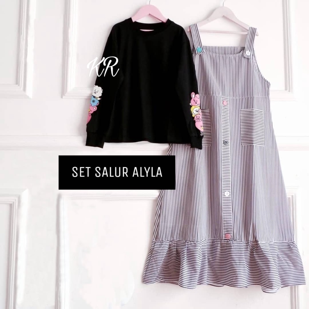 4 UKURAN (S, M, L, XL) PAKAIAN ANAK PEREMPUAN SETELAN OVERALL SALUR SET ALYLA 2IN 1 KID KR ADA VIDEO REAL PICT