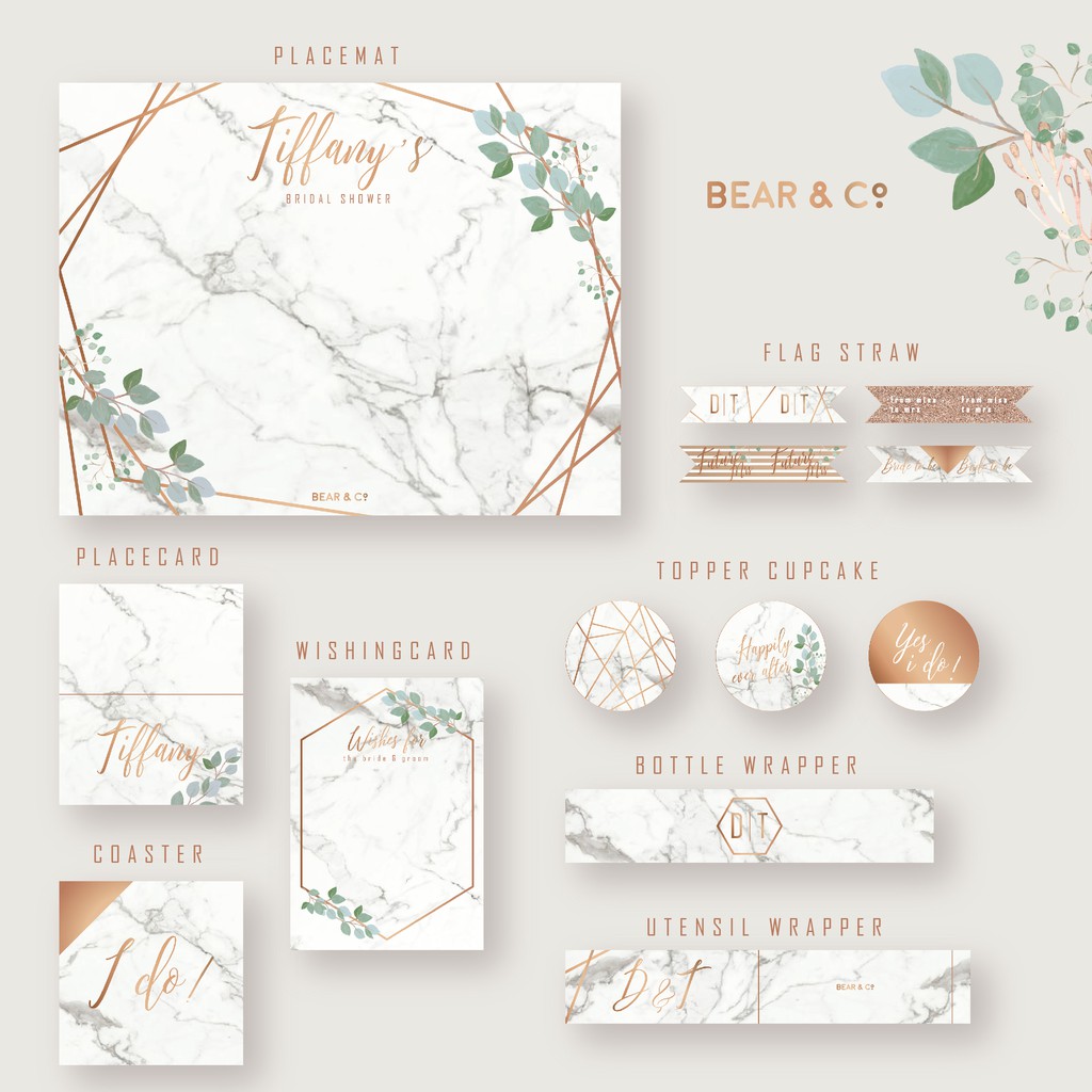 Printed White Marble Bridal Shower Printables Table Set 