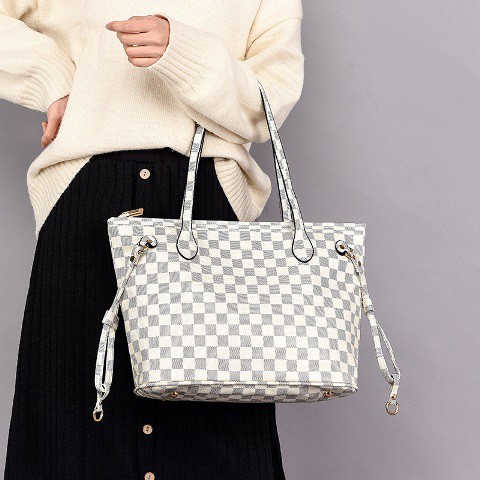 BJ31875 (2IN1) - BLACK/BROWN/WHITE SQUARE - TAS BAHU SHOULDERBAG MOTIF KOTAK JINJING TOTEBAG HANDBAG FREE POUCH TAS WANITA FASHION IMPORT MODIS ELEGAN TERMURAH TERLARIS TERBARU BAGSTORE JAKARTA TAS BATAM ZCJ0129 CR7482 LT1875 BQ3211