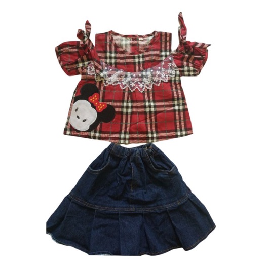 BAJU BAYI PEREMPUAN SETELAN ANAK POCA KOTAK + ROK JEANS