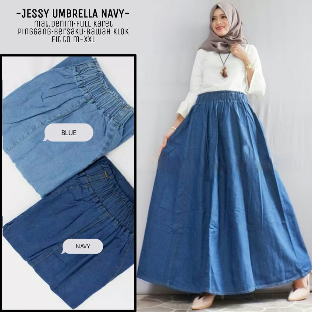Orimoza Xandra Rok Jeans Panjang Kancing Depan Button Denim Skirt Snow-JESSY UMBRE NAVY