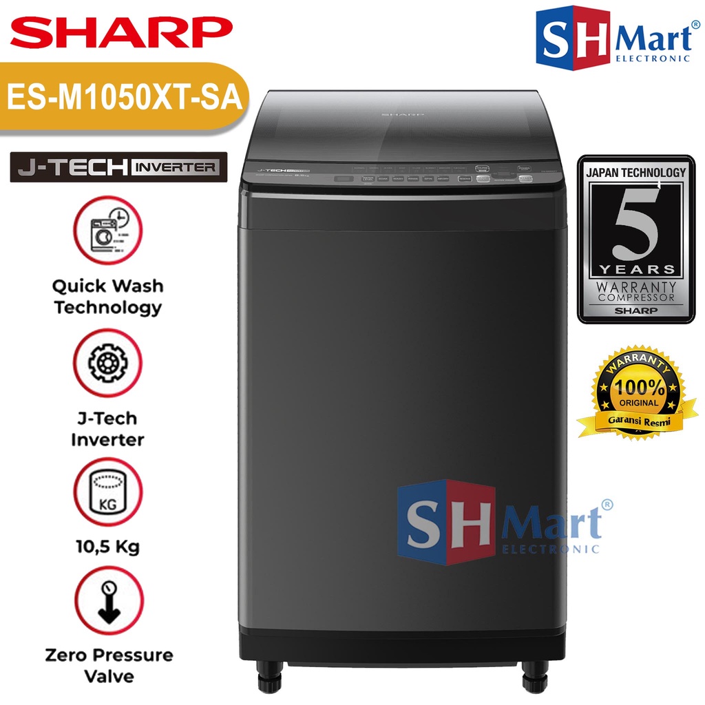 MESIN CUCI SHARP 1 TABUNG KAPASITAS 10,5 KG ESM-1050XT INVERTER MEGAMOUTH SERIES 2 GARANSI RESMI