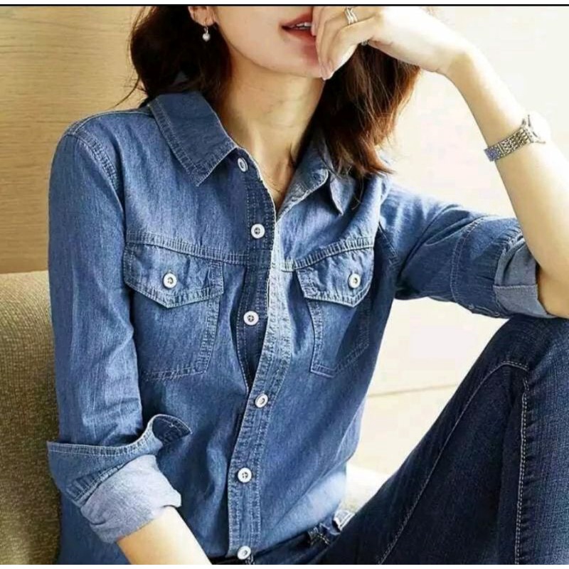 POI sonia jeans-kemeja jeans wanita terbaru-atasan wanita korean sekini bahan tebal dan lembut