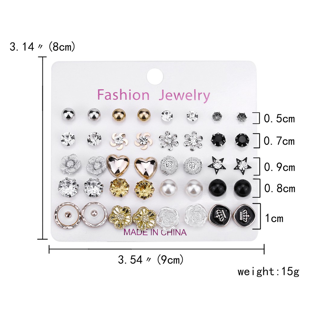20 Pasang / set Anting Tusuk / Bulat / Bulat Aksen Mutiara + Berlian Imitasi Warna Hitam / Putih Untuk Wanita