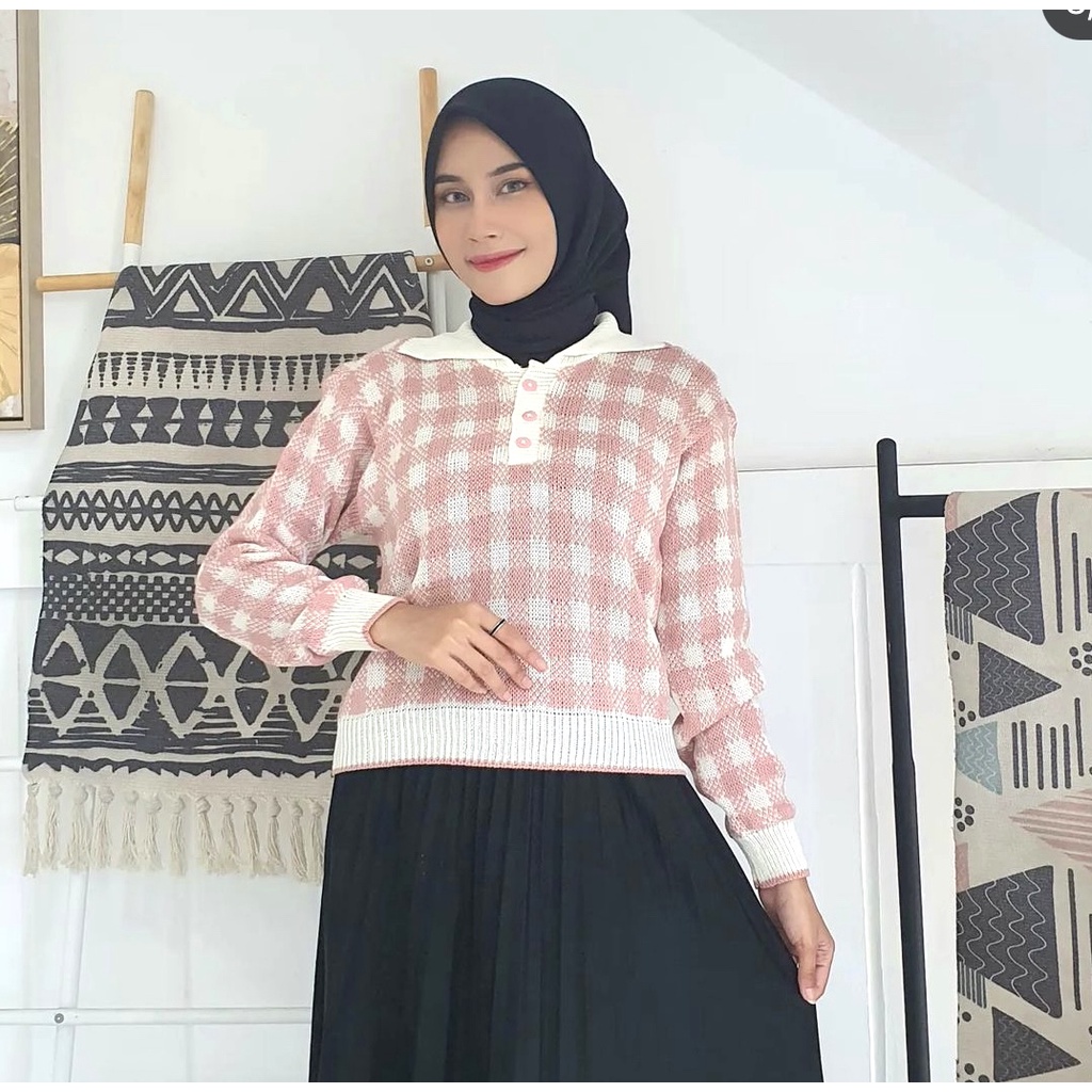 Sora tartan sweater colar rajut tebal motif kotak kotak