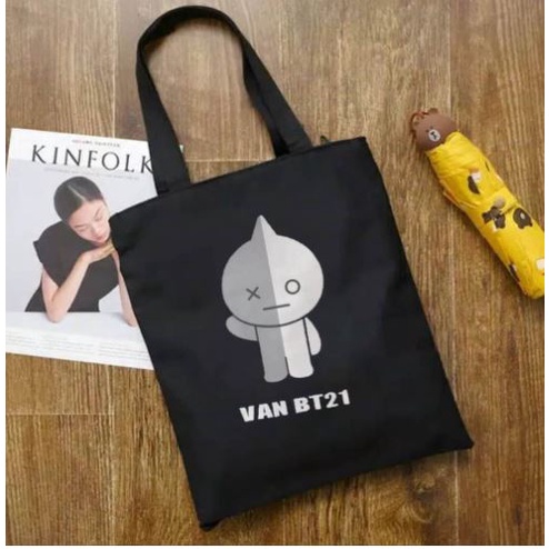 Totebag Canvas BTS BT21 ARMY HITAM Kpop Korean Style Tas Sandang Selempang Wanita Murah Berkualitas