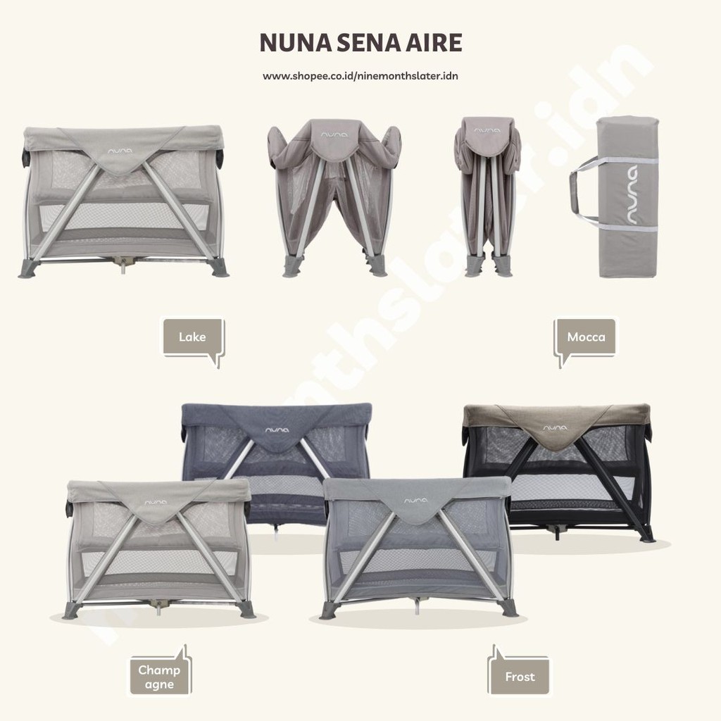 Nuna Sena Aire Champagne Charcoal Frost Thyme Ranjang Tidur Bayi Aluminum Travel Cot Travel Bag Free Box