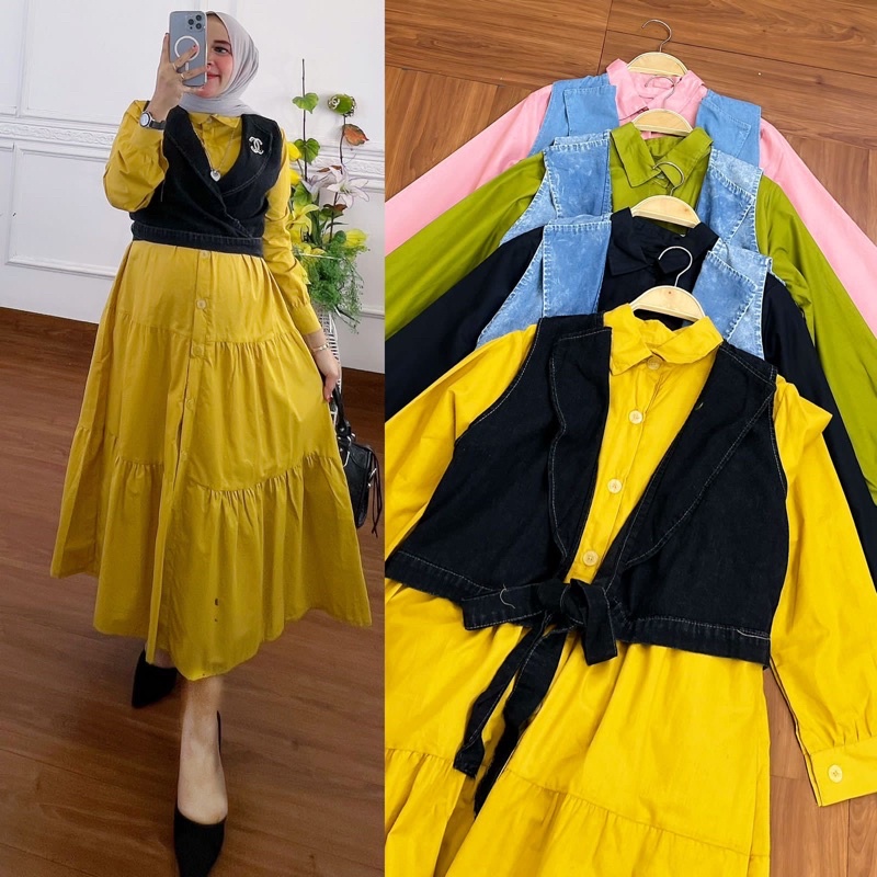 MIDI DRESS BHN KATUN POPLIN MIX ROMPI JEANS