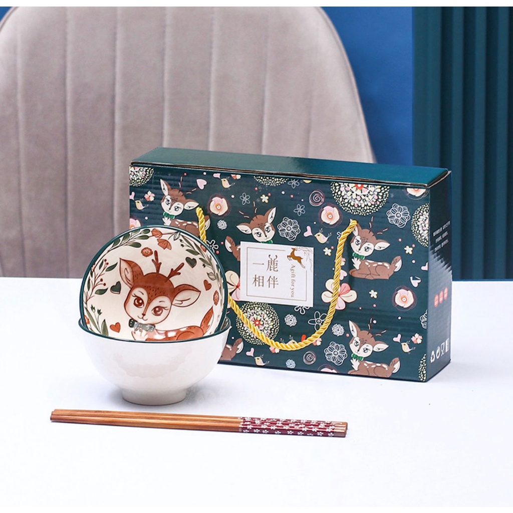 2mangkuk + 2pasang sumpit Japanese Bowl Set Mangkok Sumpit Set Alat Makan Gaya Jepang Souvenir Kado Bingkisan Mangkuk-5