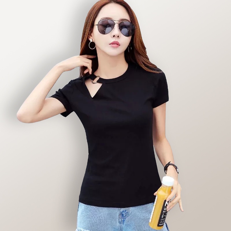 Kaos Lengan pendek wanita Gaya Korea variasi Ring di leher - XSHOP Omila