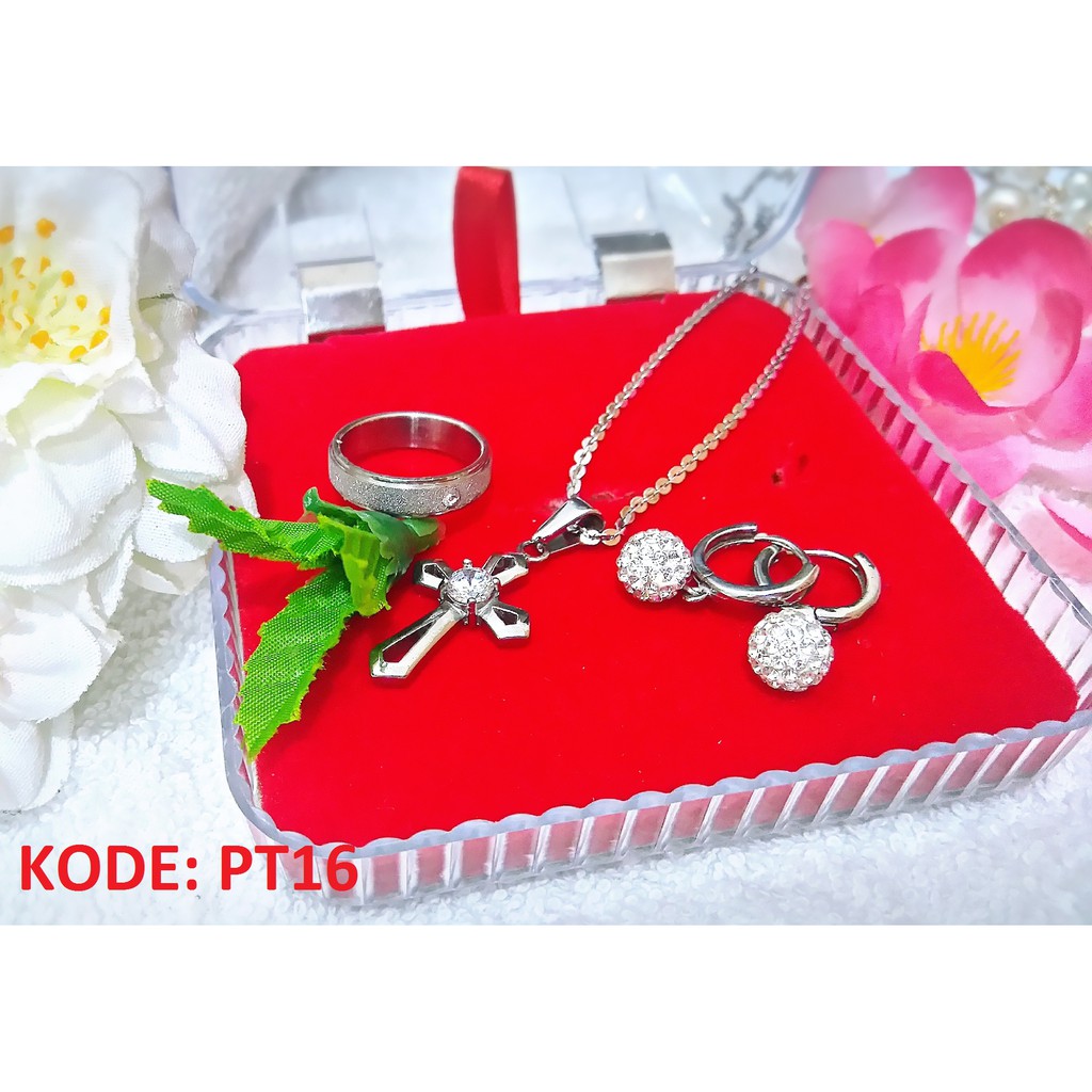 Set Salib Titanium (Anting, Cincin dan Kalung) Anti Karat Selamanya PGM PT16