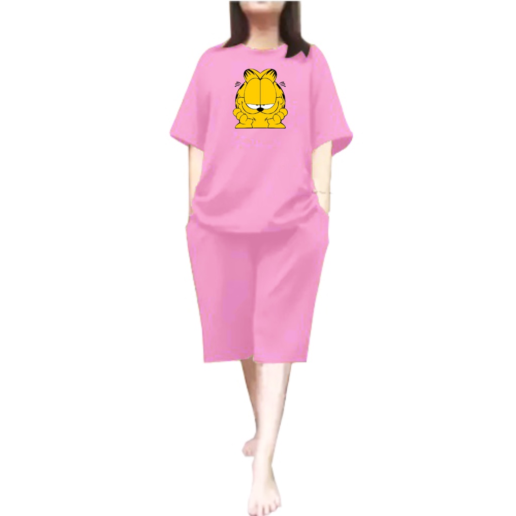 Setelan Jumbo Oversize Wanita Garfield Celana Pendek LD 110 / Kaos Wanita