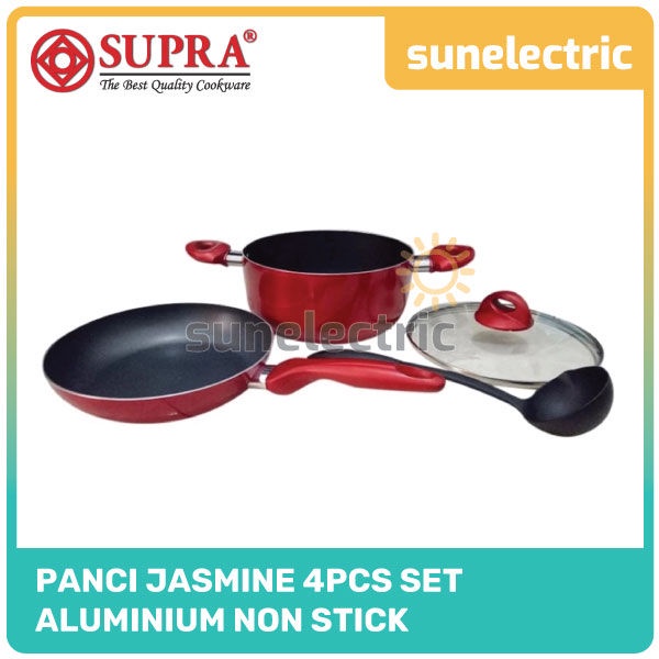 Supra Jasmine 4 Pcs Set Panci Wajan Penggorengan Teflon Anti Lengket Non-Stick Coating + Tutup Kaca 