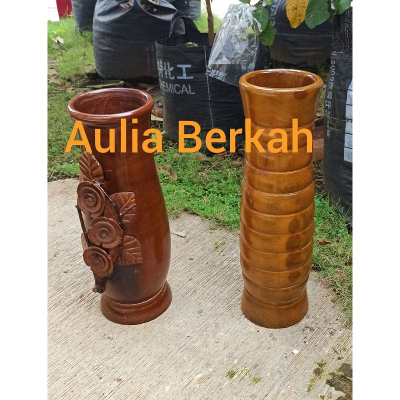 Vas Bunga Kayu Jati 50Cm/Guci Kayu Jati untuk Bunga Pampas dll