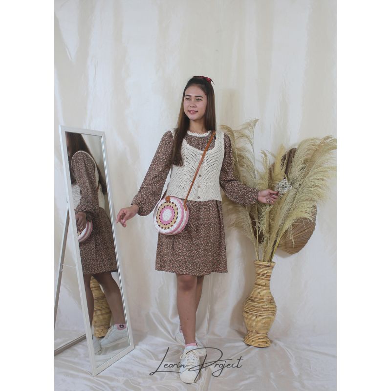 Dress Korea Modern Vintage Motif Floral Bonus Rompi Murah Tunik