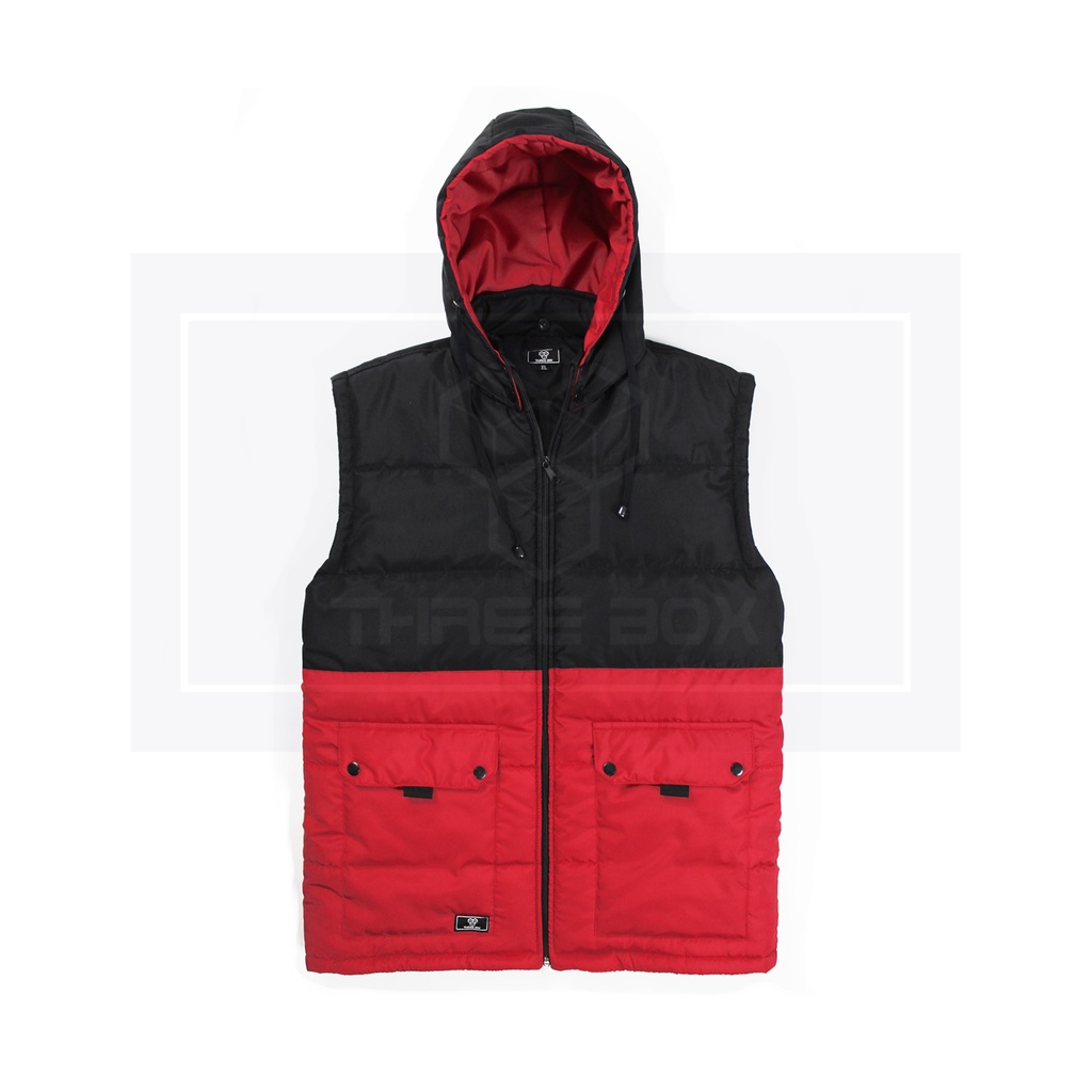 Jaket Vest Rompi Hoodie Anti Angin Pria Wanita Casual Outdoor Three Box Black Kombinasi Red Size M L XL Big Jumbo 2XL 3XL PREMIUM