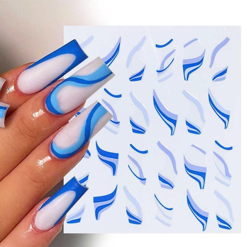 Stiker Kuku 3D Motif Garis Gelombang Warna Biru Putih Untuk Dekorasi Nail Art