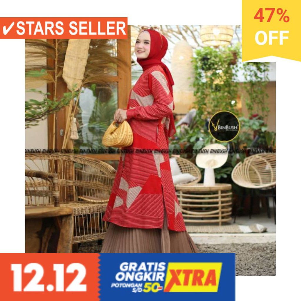BUSANA MUSLIM PEREMPUAN FASHIONABLE CEWEK CANTIK / ABSTRAK set tunik ori binbush 100 %