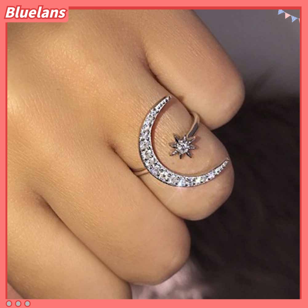 Cincin Model Terbuka Desain Bulan Bintang Aksen Berlian Imitasi Untuk Wanita