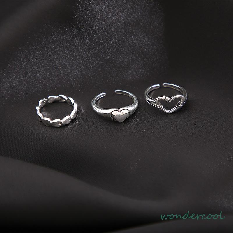 3pcs Cincin Model Terbuka Desain Gelombang Hati Warna Silver Gaya Vintage Untuk Wanita-Won