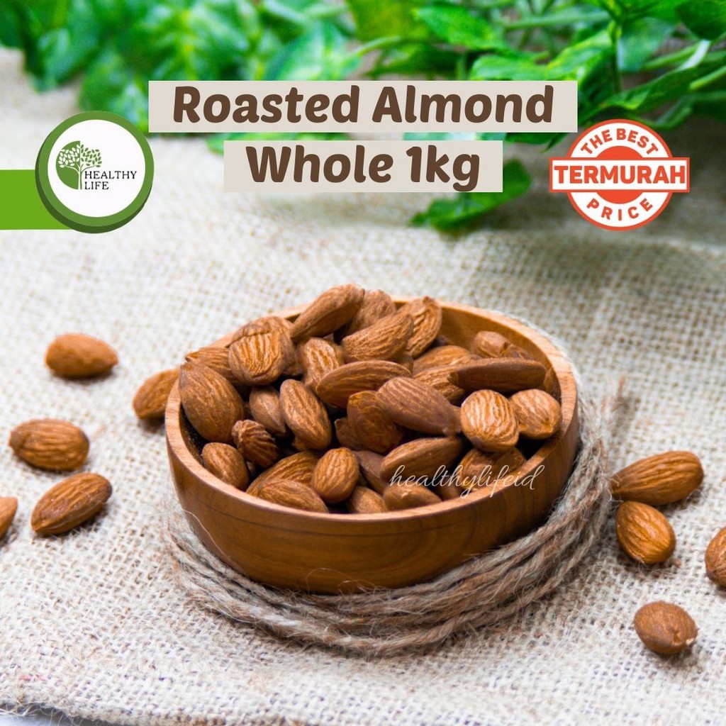 Roasted Almond Whole 1kg ( Kacang Almond Panggang / Matang ) Ukuran Besar 27-30 Tanpa Cangkang