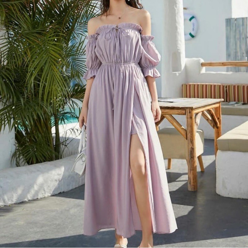 dress casual model sabrina lilac ungu dengan bahan ice silk slit di samping CODE TG49-814